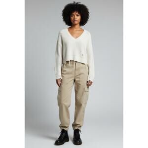 Women’s Chunky Knit distressed open knit v-neck oversized cropped sweater Large